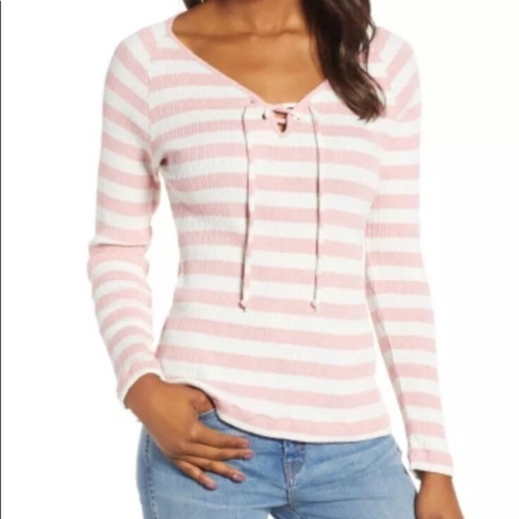 LUCKY BRAND White Pink Striped Ribbed‎ Lace up size M casual y2K preppy boho - Picture 1 of 3